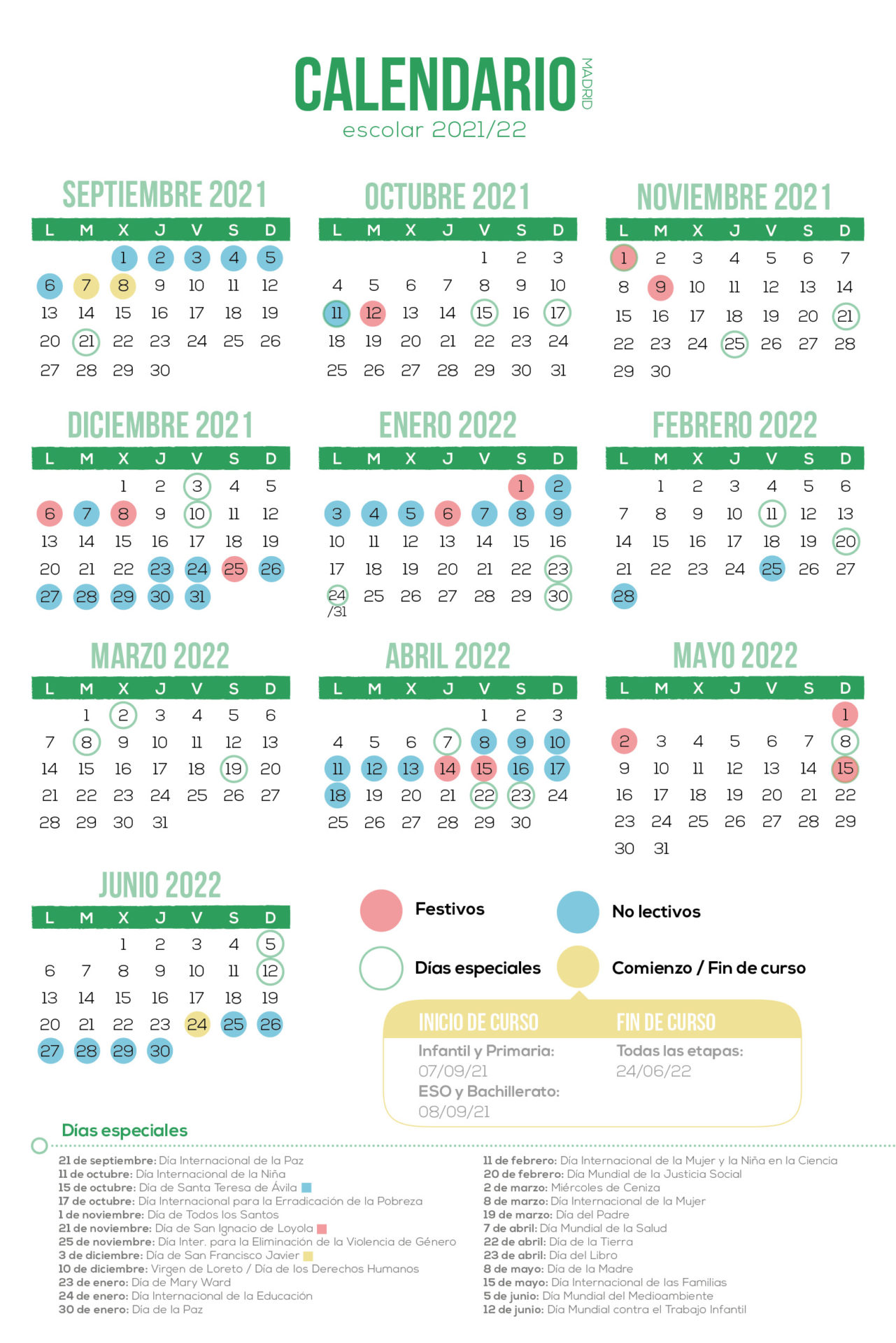 Calendario escolar Madrid 2021 · Colegios Irlandesas