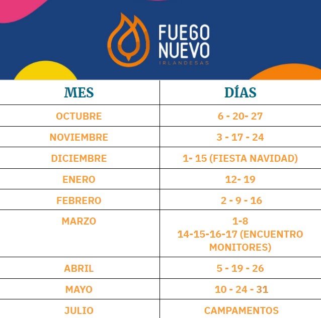 Calendario Fuego Nuevo Irlandesas Madrid 2023-24